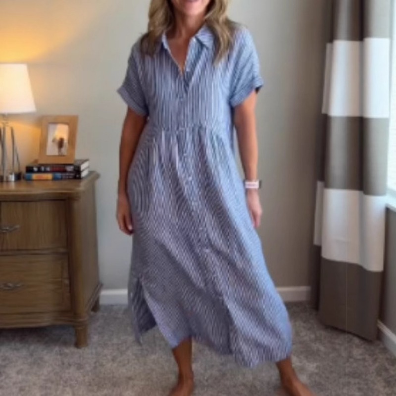 Casual Loose Linen Shirt Dress - Women Striped Shirt Dress Summer Loose