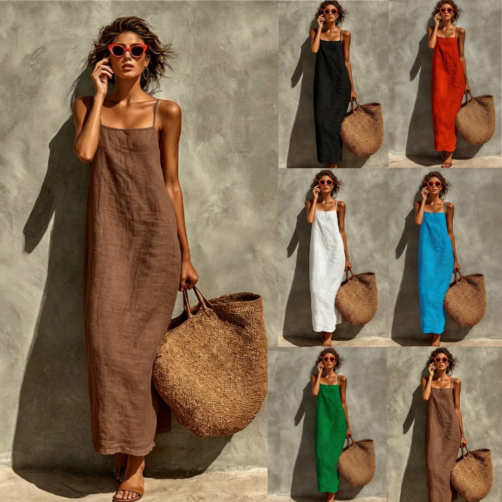 French Vintage Floral Midi Dress - 2026 Summer Women Cotton Linen Spaghetti