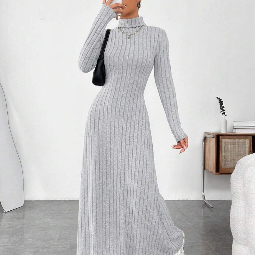 Elegant Autumn High Collar Lon - Bodycon Long Sleeve Ribbed Dress recension och pris