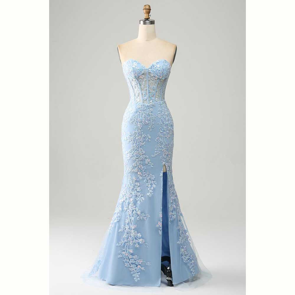 Elegant Light Blue Satin Women - Elegant Satin Evening Gown Split recension och pris