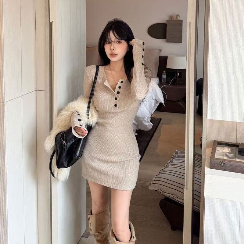 Y2k Women's Bodycon Knit Dress - Bodycon Long Sleeve Ribbed Dress recension och pris