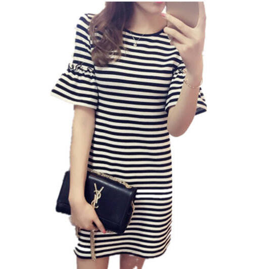 Summer Striped Dress Women's M - Korean Style A Line Shirt Dress recension och pris