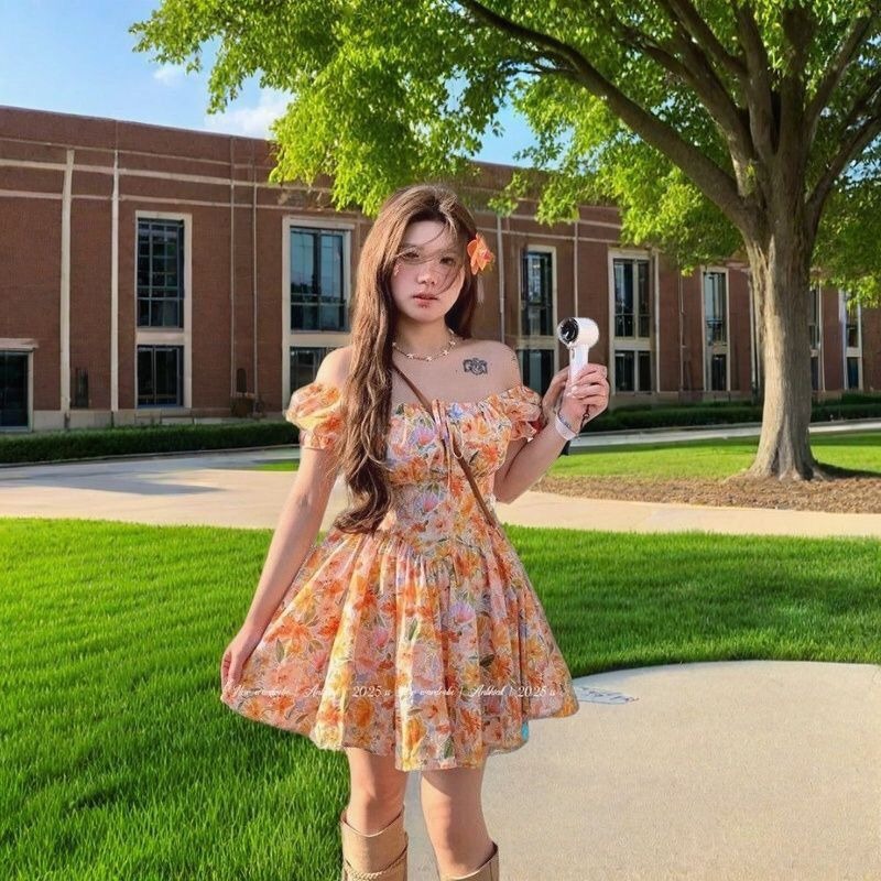 2026 new Orange Floral Print O - Off Shoulder Puff Sleeve Sundress recension och pris