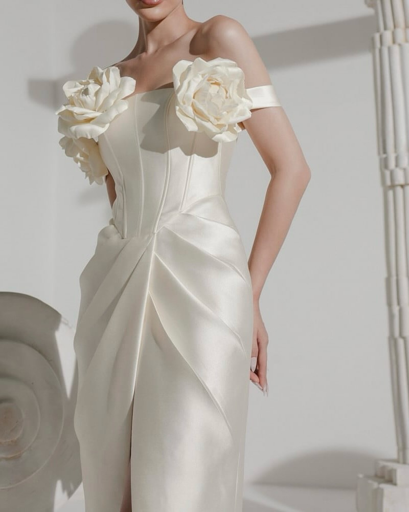 QR Customized Sheath Off The S - Elegant Satin Evening Gown Split recension och pris