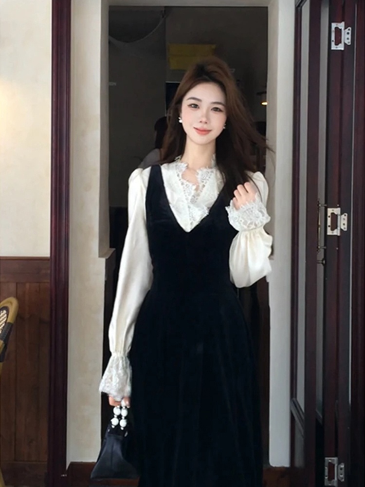 XZY Chic Lace Patchwork Silk S - Korean Style A Line Shirt Dress recension och pris