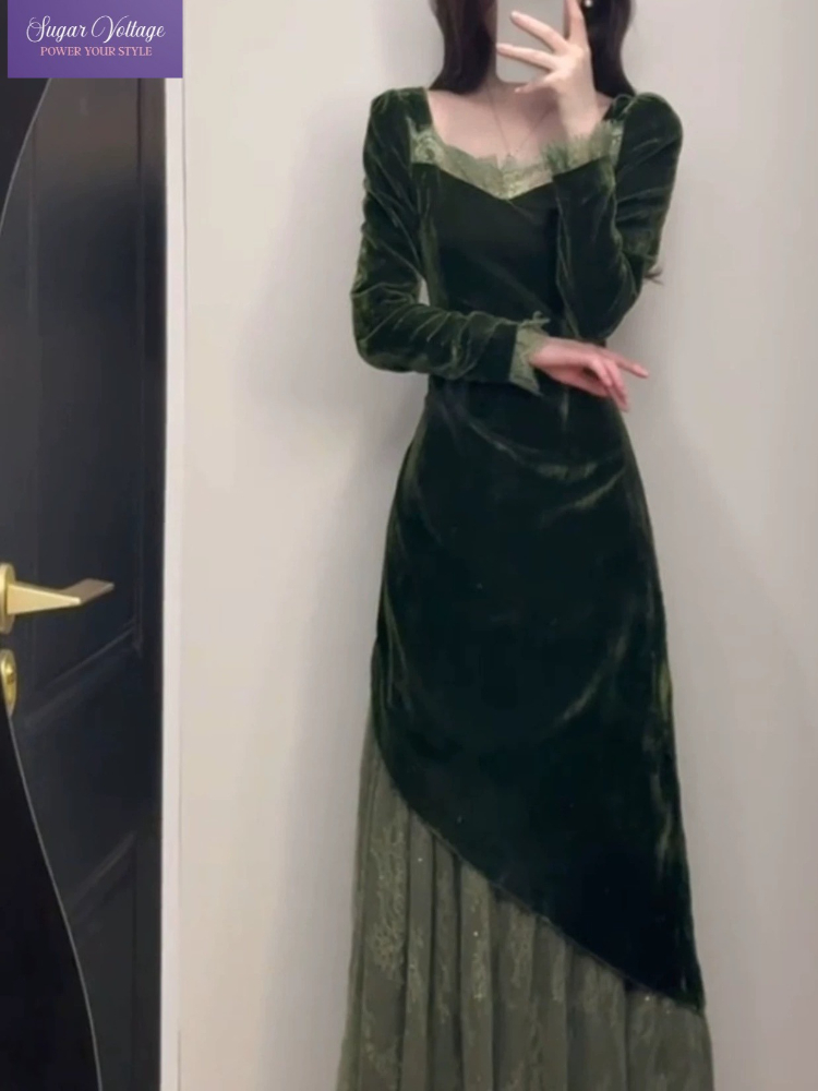 French Vintage Elegant Velvet  - French Vintage Floral Midi Dress recension och pris